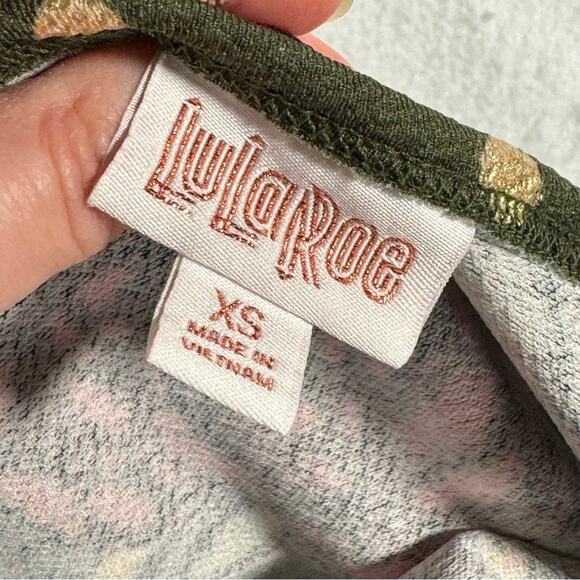 LuLaRoe Olive Green Debbie Metallic Gold Polka Dot Rose Floral Women’s Size XS - Picture 6 of 11